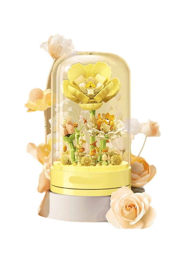 Yellow Artificial Flower Rotating Music Box Model Set Building Blocks Creative Diy Simulation Collection Building Assembly Toys Children Adult Home Decoration - Image 1